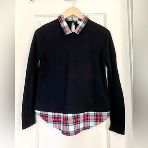 J. Crew Black Sweater with Red & Blue Plaid Collar